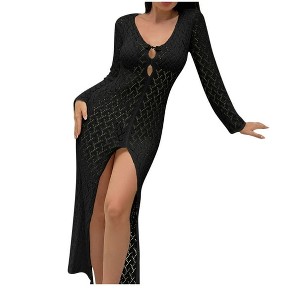 MOJOGO Women's Sundress V-Neck Long Sleeve Crochet Knit Dress Cover Up Beach Dress Split Maxi Dresses for Summer Black S