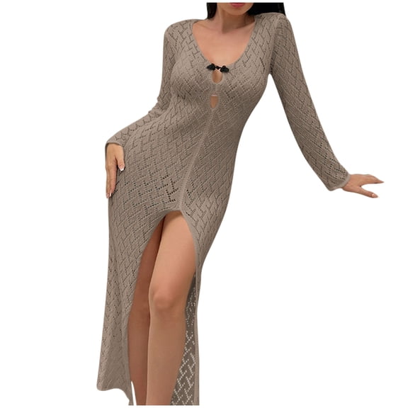 MOJOGO Women's Sundress V-Neck Long Sleeve Crochet Knit Dress Cover Up Beach Dress Split Maxi Dresses for Summer Gray S