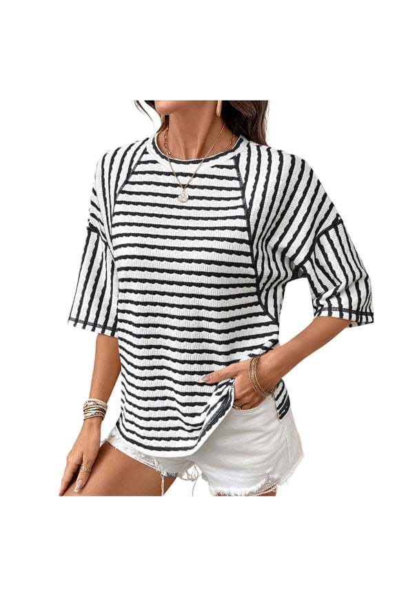 MOJOGO Women's T-Shirt Stripe Raglan Elbow Sleeve Tops Loose Side Split Tees Relaxed Vacation OutShapes Black L