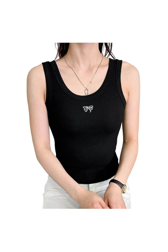 MOJOGO Women's Tank Tops Bow Embroidered Cami Tops with Wide Strap Strenchy Square Neck Ribbed Camisole Summer Going Out & Layering Wear Black Free Size