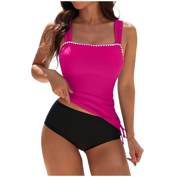 MOJOGO Women's Tankini Swimsuit Sqaure Neck Tank Tops Basic High Waisted Bottom Color Block Bikinis Summer Resort Swimwear Hot Pink S