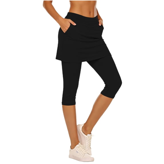 MOJOGO Women's Tennis Skirted Capris Breathable Stretch Yoga Leggings with Pockets Summer Sweatpants for Workout M