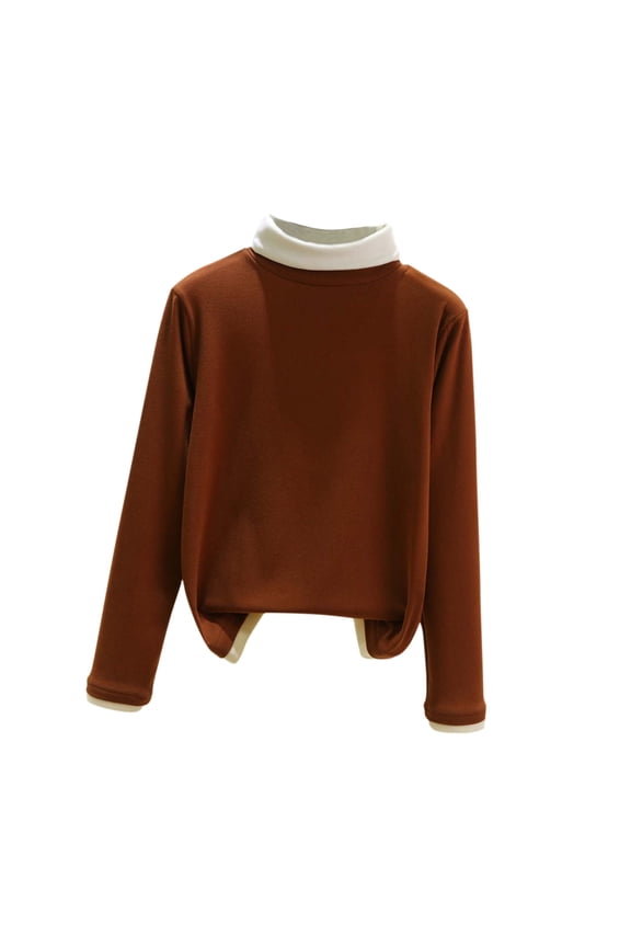 MOJOGO Women's Thermal Base Layer Color Block Long Sleeve Turtleneck Shirts 2 in 1 Tops for Daily Wear Wine L
