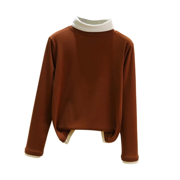 MOJOGO Women's Thermal Base Layer Color Block Long Sleeve Turtleneck Shirts 2 in 1 Tops for Daily Wear Wine XL