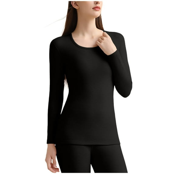 MOJOGO Women's Thermal Underwear Solid Color Long Sleeve Crewneck Base Layer Strenchy Undershirt for Cold Weather Black 2XL