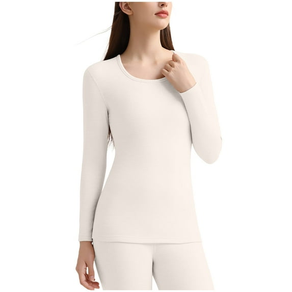 MOJOGO Women's Thermal Underwear Solid Color Long Sleeve Crewneck Base Layer Strenchy Undershirt for Cold Weather White M
