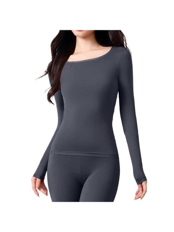 Women's Thermal Underwear Tops Long Sleeve Crewneck Pullover Lightweight and Warm Solid Base Layer Gray L
