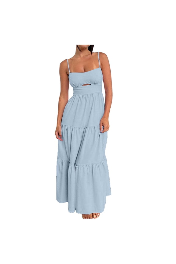 MOJOGO Women's Tiered Maxi Dress with Cutout Detail Solid Cami Neck Slip Dress for Summer Beach Holiday and Resort Wear Light Blue M