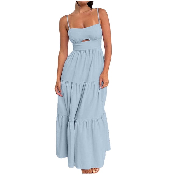 MOJOGO Women's Tiered Maxi Dress with Cutout Detail Solid Cami Neck Slip Dress for Summer Beach Holiday and Resort Wear Light Blue M