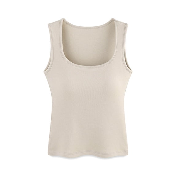 MOJOGO Women's Tight Base Layer Strenchy Square Neck Sleeveless Undershirts with Wide Strap Summer Tank Tops Beige M