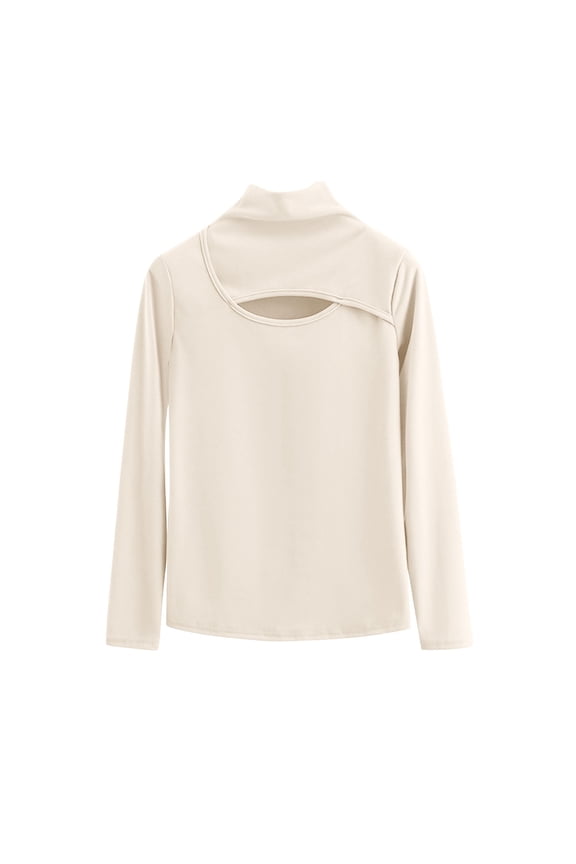MOJOGO Women's Turtleneck Tops Loose Fleece Long Sleeve Chest Cutout Shirt Plus Size Basic Tops for Daily Wear Beige XL