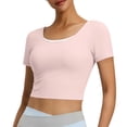 thumbnail image 1 of MOJOGO Women's Twist Back Tops Cutout Short Sleeve T-Shirt Summer Lightweight Athletic Tees Cropped Yoga Gym Top Pink S, 1 of 9