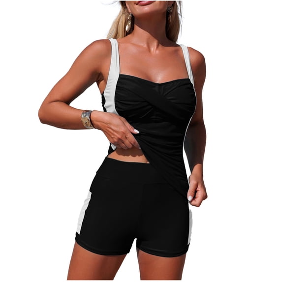MOJOGO Women's Two Piece Swimsuit Sqaure Neck Twist Front Tank Tops Quick Dry Boy Short Tankini with Phone Pockets S