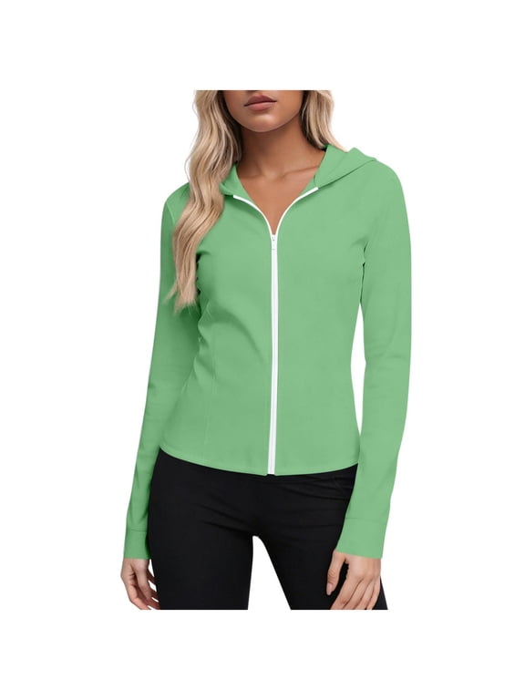 MOJOGO Women's UV Sun Protection Hoodie Slimming Full Zip Workout Jacket Pockets Gym Yoga Office Long Sleeve Rush Guards M