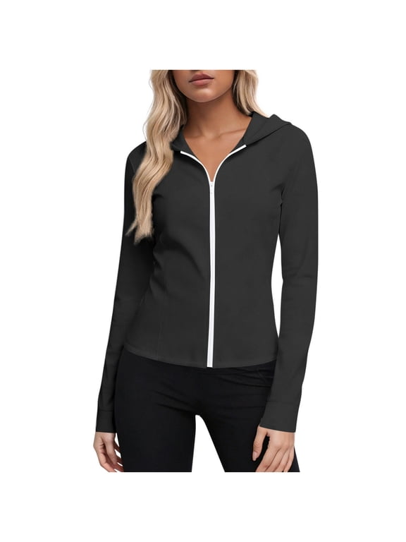 MOJOGO Women's UV Sun Protection Hoodie Slimming Full Zip Workout Jacket Pockets Gym Yoga Office Long Sleeve Rush Guards M