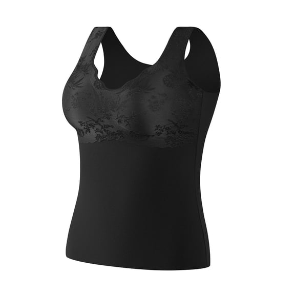 MOJOGO Women's Undershirts Lace Tank Tops with Built in Bras Fleece Lined Camisole Tops Winter Fall Underwear Black L