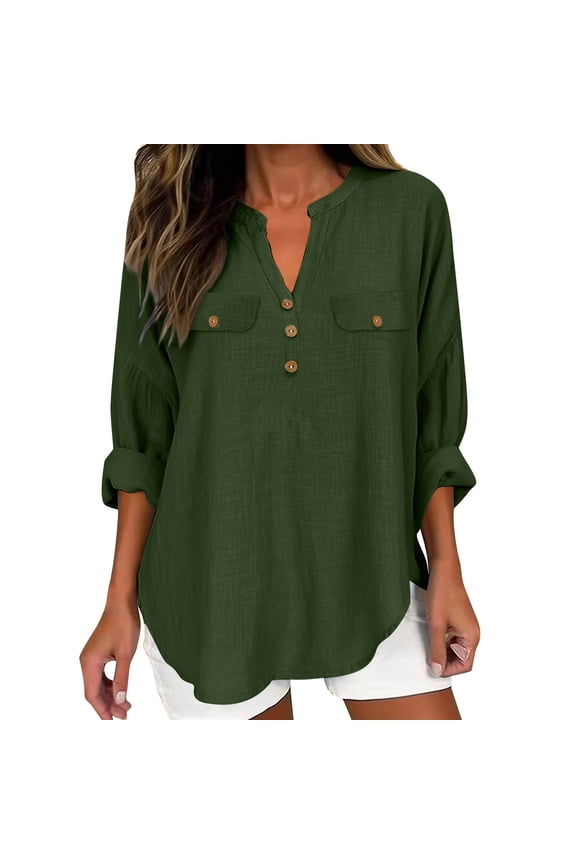 MOJOGO Women's V-Neck Blouse Half Button Up Blouse with Chest Pockets Loose Long Sleeve Shirts Breathable Linen Blend Tops Olive Green L