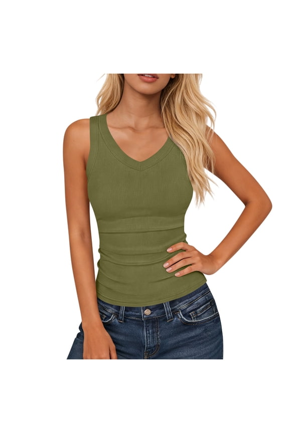 MOJOGO Women's V Neck Tank Tops Sleeveless Ribbed Shirts Wide Strap Ruched Tees Stretchy Soft Summer Cami Top L