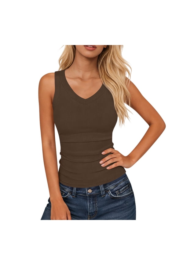 MOJOGO Women's V Neck Tank Tops Sleeveless Ribbed Shirts Wide Strap Ruched Tees Stretchy Soft Summer Cami Top S