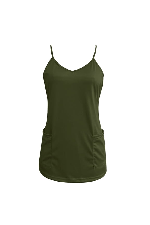 MOJOGO Women's V-Neck Undershirt Summer Mid-Length Slip Tank Tops Loose Everyday Camisoles with Pockets Olive Green XL