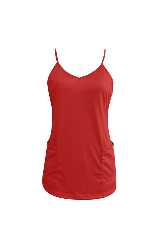 MOJOGO Women's V-Neck Undershirt Summer Mid-Length Slip Tank Tops Loose Everyday Camisoles with Pockets Red S