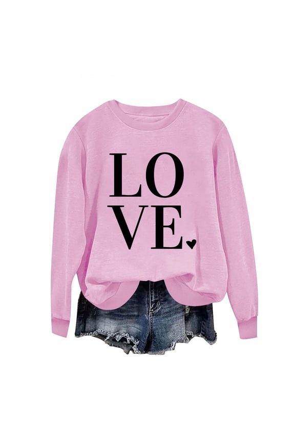MOJOGO Women's Valentine's Day Tops Print Crewneck Sweatshirt Long Sleeve Pullover Top Comfy Loungewear Pink XS