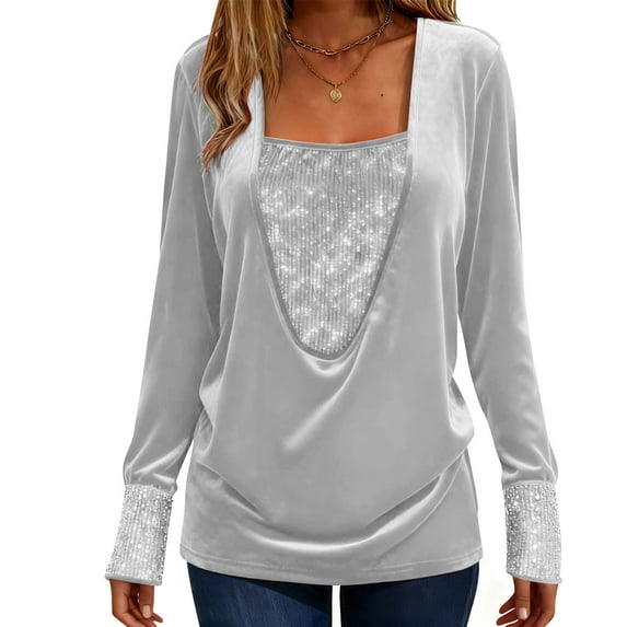 MOJOGO Women's Velvet Tops Long Sleeve Square Neck Sequin Top Loose Dressy Spring Fall Top Sparkly Party Outfits White L