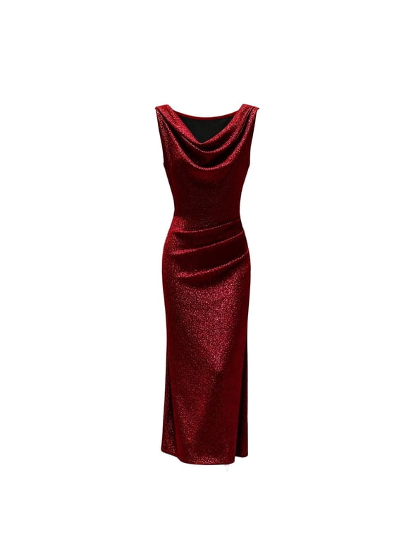 MOJOGO Women's Vintage Evening Gown Cowl Neck Sleeveless Midi Dress Shiny Ruched Bodycon Party Formal Cocktail Dresses Wine 2XL