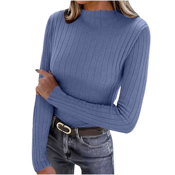 MOJOGO Women's Warm Base Layer Lightweight Ribbed Knit Long Sleeve Pullover Tops Spring Fall Mock Neck Shirts Blue Free Size