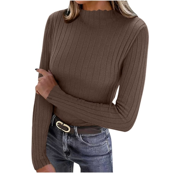MOJOGO Women's Warm Base Layer Lightweight Ribbed Knit Long Sleeve Pullover Tops Spring Fall Mock Neck Shirts Brown Free Size