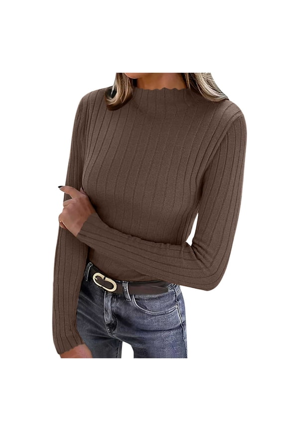 MOJOGO Women's Warm Base Layer Lightweight Ribbed Knit Long Sleeve Pullover Tops Spring Fall Mock Neck Shirts Brown Free Size