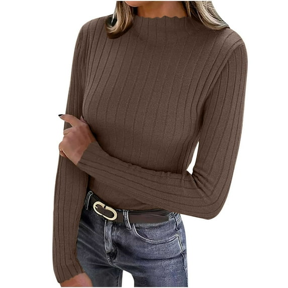 MOJOGO Women's Warm Base Layer Lightweight Ribbed Knit Long Sleeve Pullover Tops Spring Fall Mock Neck Shirts Brown Free Size