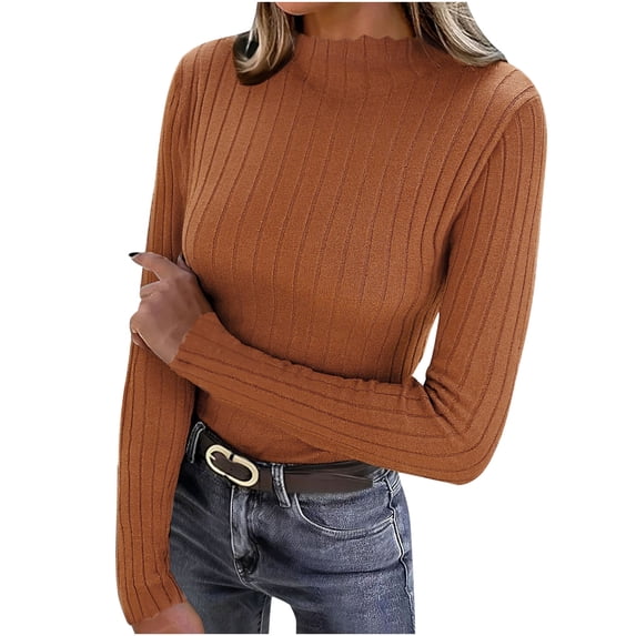 MOJOGO Women's Warm Base Layer Lightweight Ribbed Knit Long Sleeve Pullover Tops Spring Fall Mock Neck Shirts Coffee Free Size