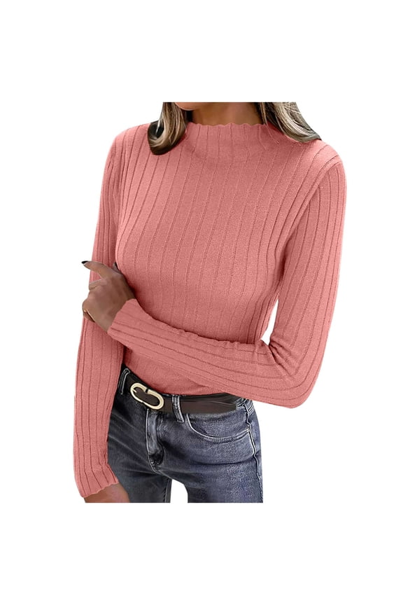 MOJOGO Women's Warm Base Layer Lightweight Ribbed Knit Long Sleeve Pullover Tops Spring Fall Mock Neck Shirts Pink Free Size