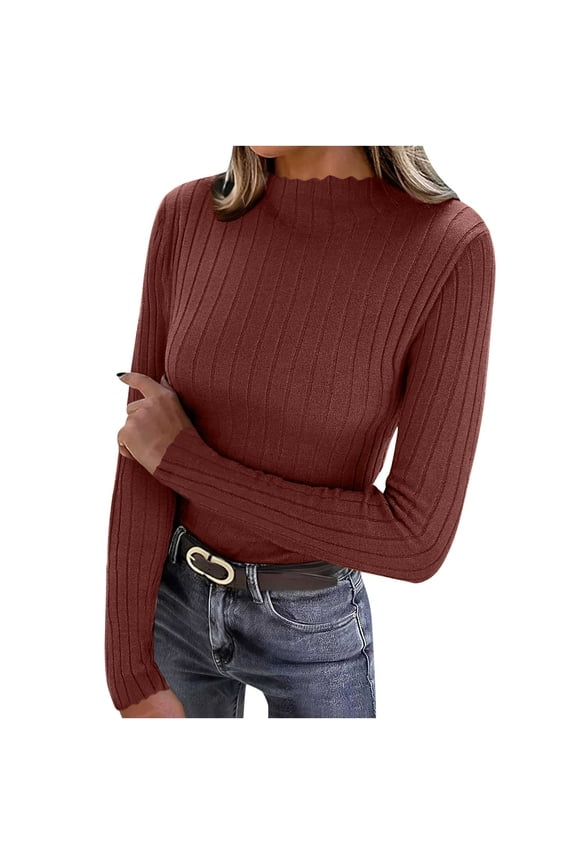 MOJOGO Women's Warm Base Layer Lightweight Ribbed Knit Long Sleeve Pullover Tops Spring Fall Mock Neck Shirts Wine Free Size