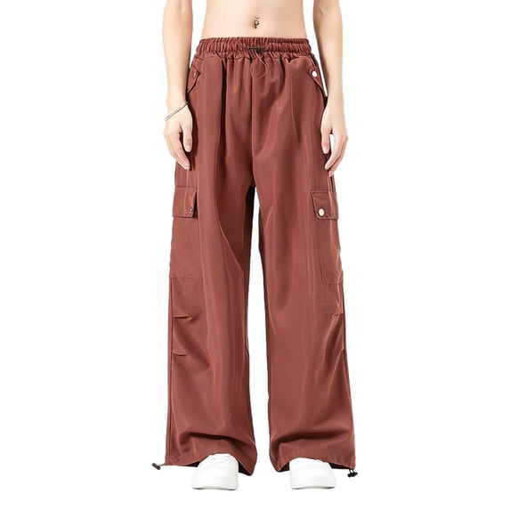 MOJOGO Women's Wide Leg Pants Casual Full Length Trousers Drawstring Workwear High Waisted Cargo Pants Wine 2XL