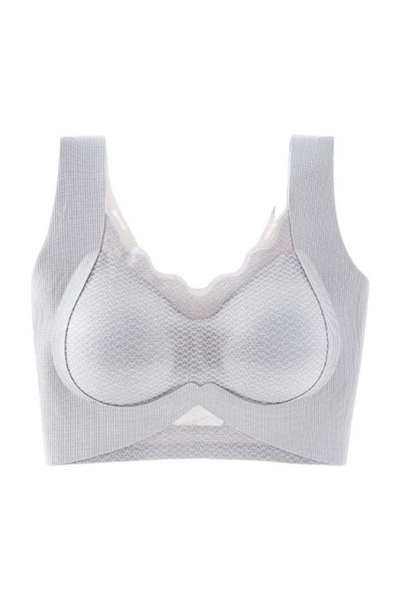 MOJOGO Women's Wide Strap Bras Wavy V Neck Cross Band Wireless Bra Full Coverage Push Up Side Smoothing Bralette L