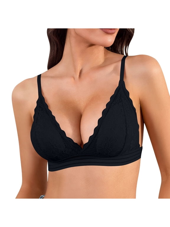 Women's Wireless Bra Lightly Lined Triangle Plunge Bra with Scalloped Lace Trim Breathable Push Up Bralette XL