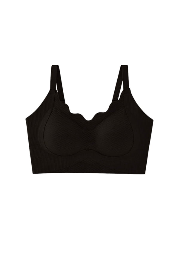 MOJOGO Women's Wireless Bra Wavy V Neck Mesh Cross Band Bras Soft Solid Color Push Up Bralatte for All Day Wear L