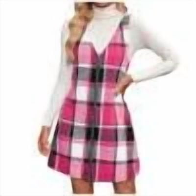 MOJOGO Women's Wool Dresses Vintage Plaid Sleeveless V Neck Dress Casual Office Full Zipper Layering Dress for Fall Spring Hot Pink 2XL