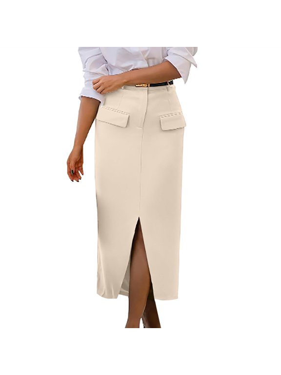 MOJOGO Women's Work Skirt High Waisted Midi Skirt Spring Summer Side Split Bodycon Skorts Elegant Office Skirts Beige S