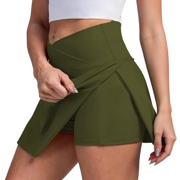 MOJOGO Women's Yoga Skort Crossover High Waisted Quick Dry Athletic Shorts Tennis Golf Skirt with Built-in Shorts for Workout Running Yoga Pilates Green 2XL