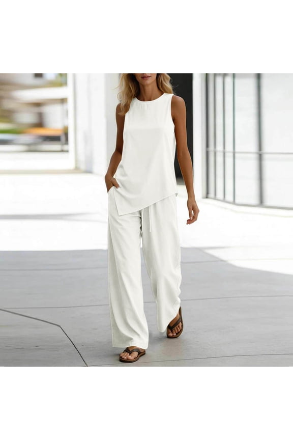 MOJOGO Womens Casual 2 Piece Outfits Irregular Hem Tank Top and Drawstring Palazzo Linen Tees Pants Set for Summer Vacation Lounge Office White S