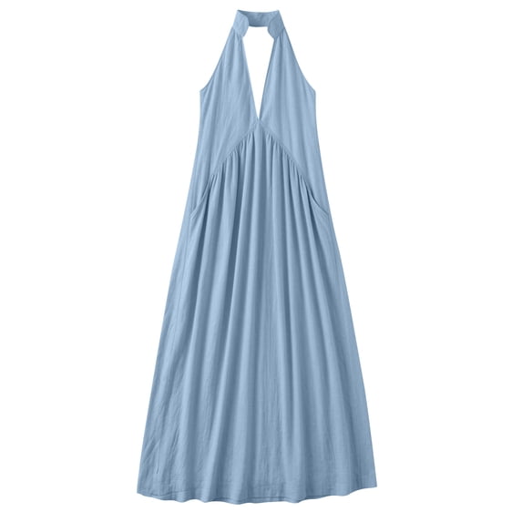 MOJOGO Womens Halter Dresses V Neck Flowy Cotton Linen Blend Sleeveless Maxi Dress Deep V Neck A Line Sundress Summer Vacation Outfits with Pockets Blue L