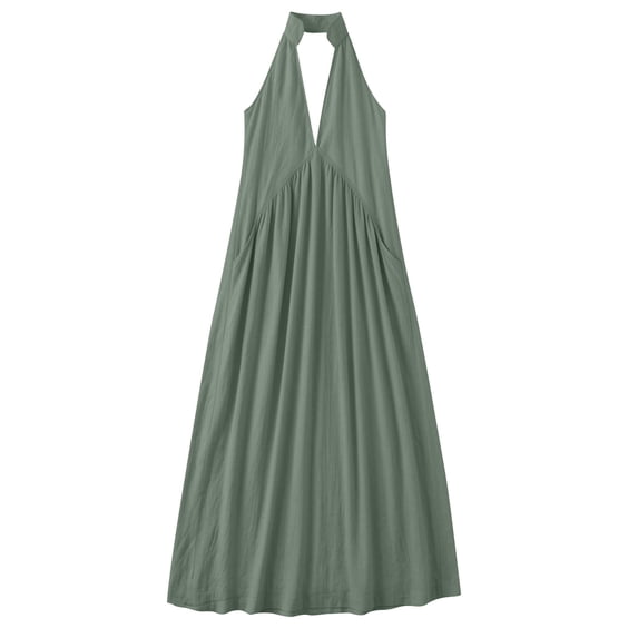 MOJOGO Womens Halter Dresses V Neck Flowy Cotton Linen Blend Sleeveless Maxi Dress Deep V Neck A Line Sundress Summer Vacation Outfits with Pockets Green XL