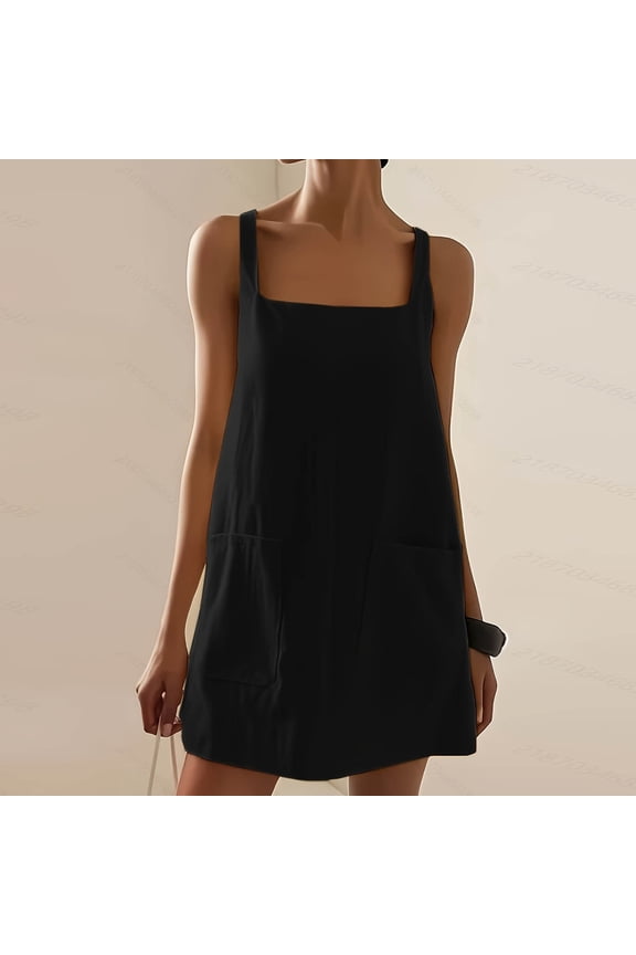 MOJOGO Womens Square Neck Dresses Sleeveless Linen Shift Mini Dress with Wide Strap Casual Daily Vacation Summer Sundress Black S
