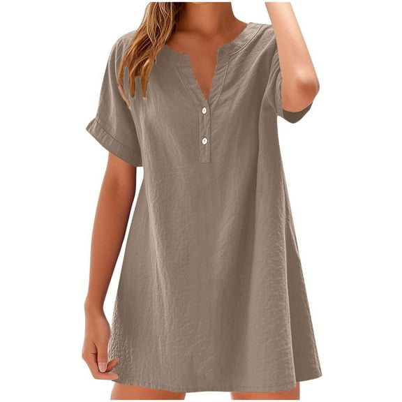 MOJOGO Womens Summer Dresses Short Sleeve V-Neck Dress Casual Half Button Up T Shirt Dress for Loungewear and Outwear Brown S