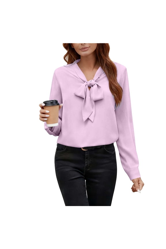 MOJOGO Womens Tie Bow Blouse V Neck Long Sleeve Chiffon Tops Sweet Lightweight Office Spring Summer Daily Outfits Pink S