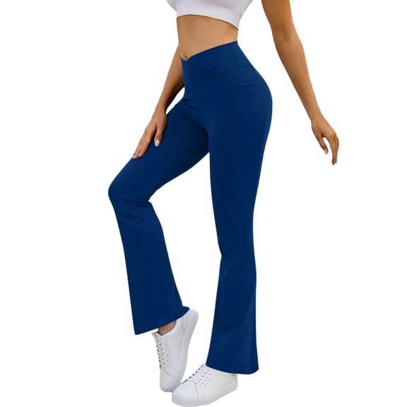 MOJOGO Womens Yoga Pants Flare Lounge Pants Crossover High Waisted Bootcut Workout Leggings with Pockets Blue M