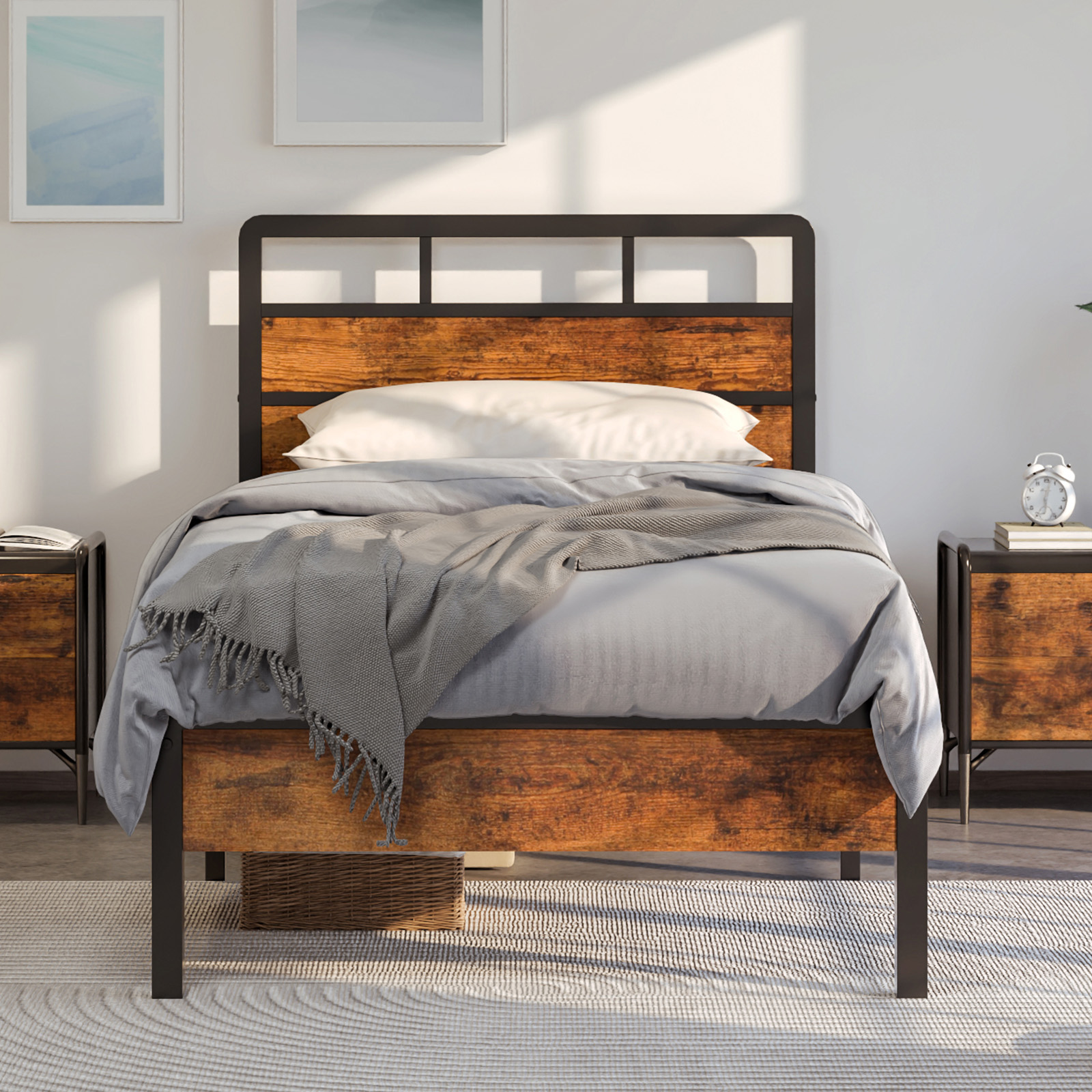 MOKA Twin Bed Frame with Headboard No Box Spring Needed Mattress